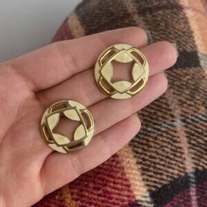 1980s Vintage Earrings Cream & Gold Geometric Stud Earrings